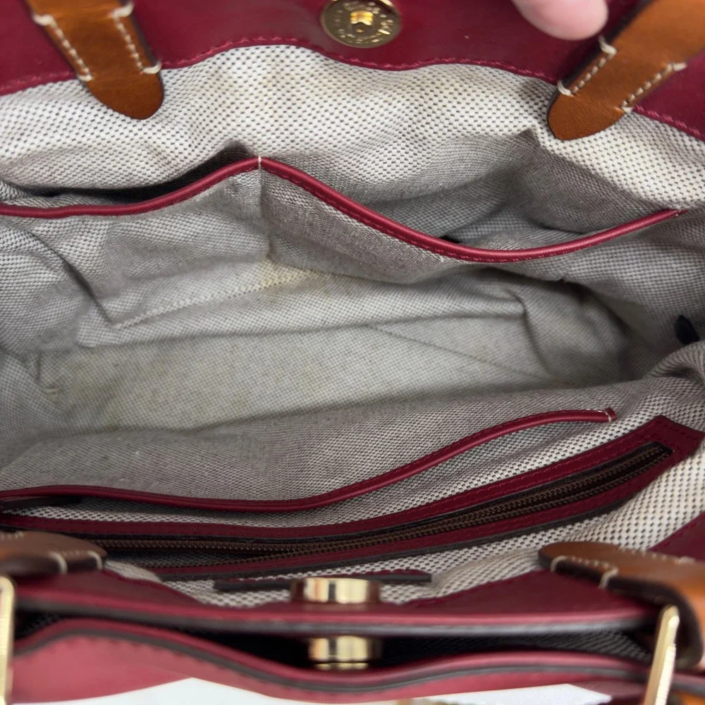 Dooney & Bourke Large Barlow Wine Leather Satchel Bag LJ039 WN Red Tan Trim